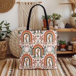 Boho Mushroom Rainbow Tote Bag Cottagecore Eye Print Psychedelic Shoulder Bag